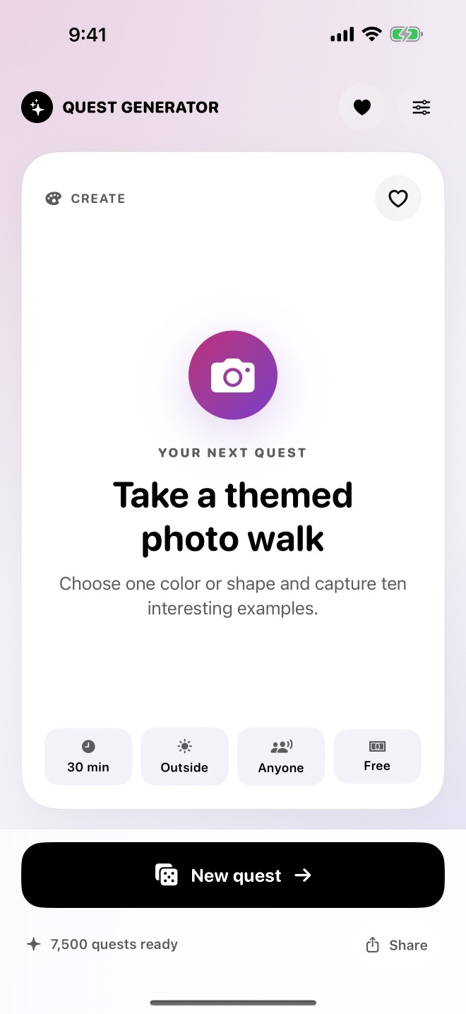 Quest Generator on iPhone showing a creative photo-walk quest from the 7,500-combination library